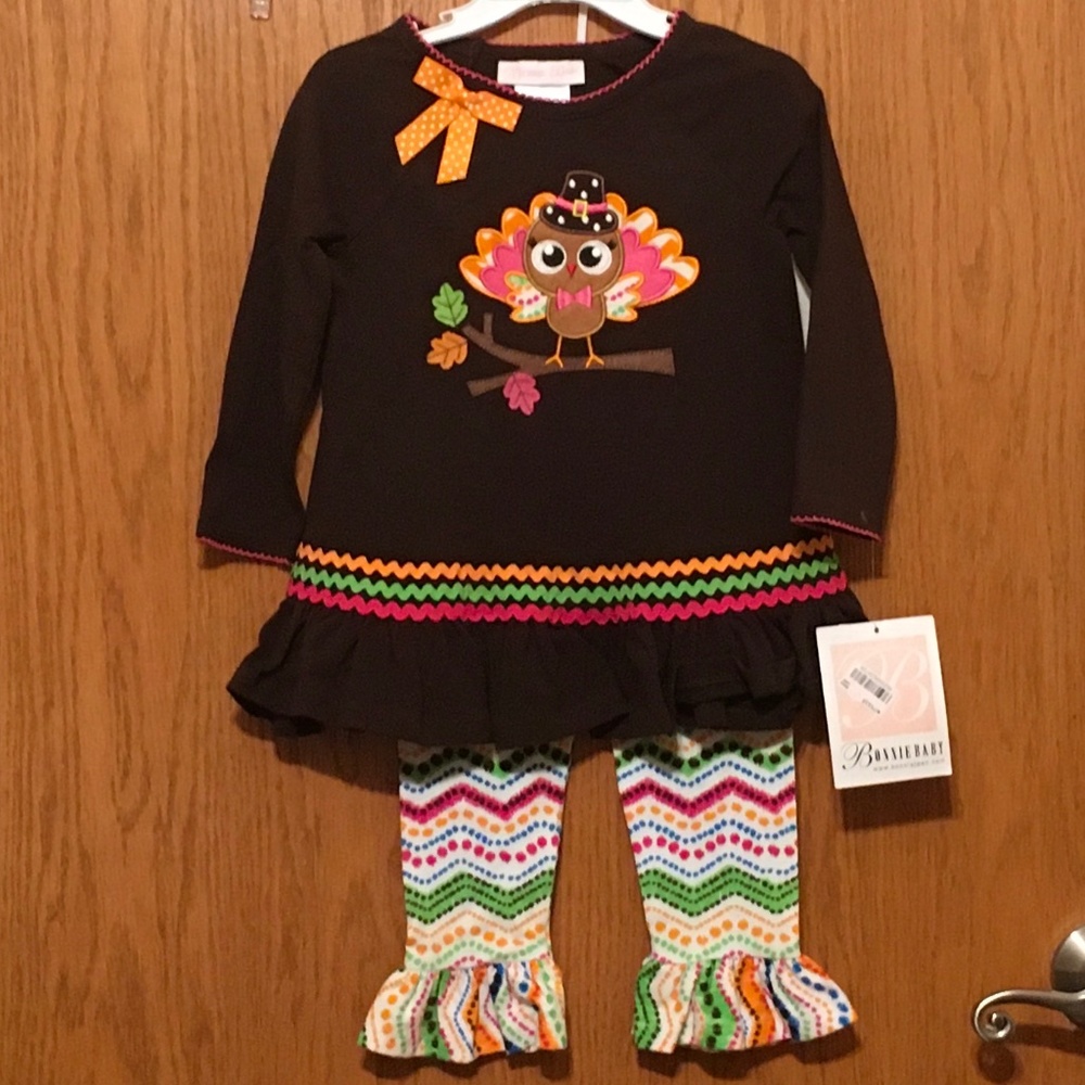 Brown Turkey Ruffle Tunic & Chevron Leggings Kids Matching Set